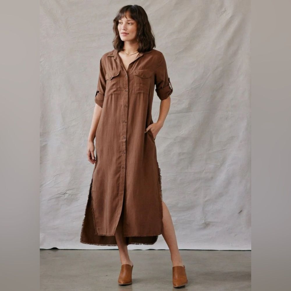 Bella Dahl Maxi Long Sleeve Fuzzy Raw Hem Western DARK BROWN Dress Sz L